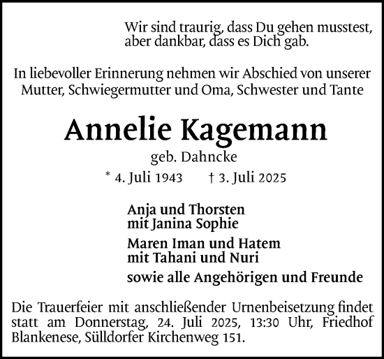 Traueranzeige von Annelie Kagemann von Region Pinneberg und tip Pinneberg