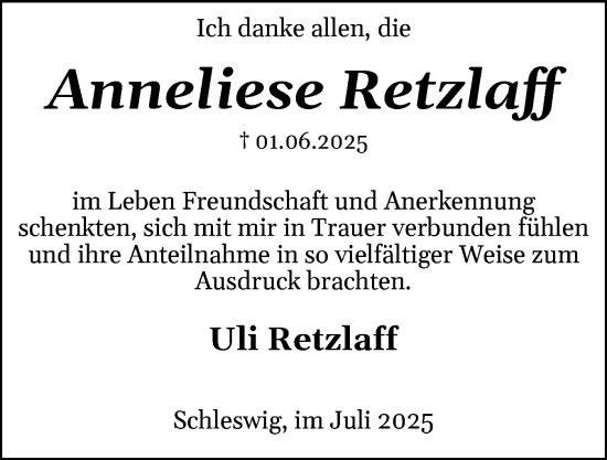 Traueranzeige von Anneliese Retzlaff von Schleswiger Nachrichten, Schlei-Bote