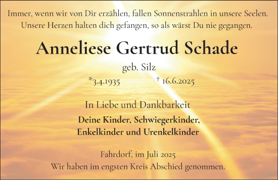 Traueranzeige von Anneliese Gertrud Schade von Schleswiger Nachrichten, Schlei-Bote