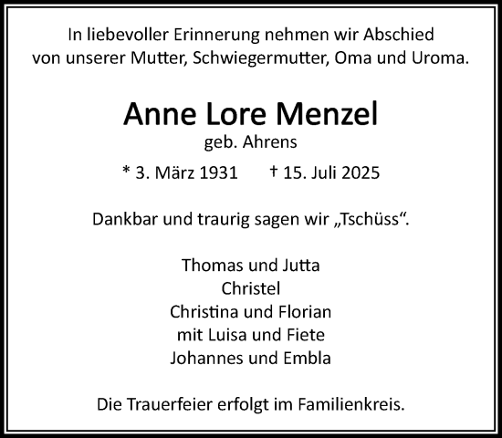 Traueranzeige von Anne Lore Menzel von MARKT Ahrensburg/Bargteheide/Trittau und Stormarner Tageblatt