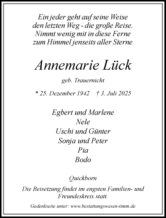 Traueranzeige von Annemarie Lück von Umschau
