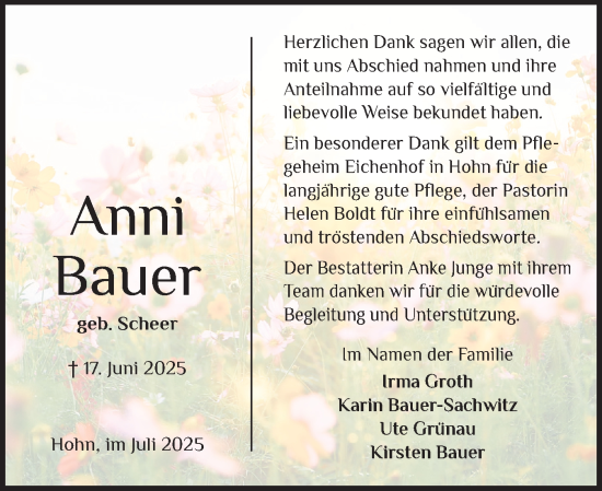 Traueranzeige von Anni Bauer von Schleswig-Holsteinische Landeszeitung
