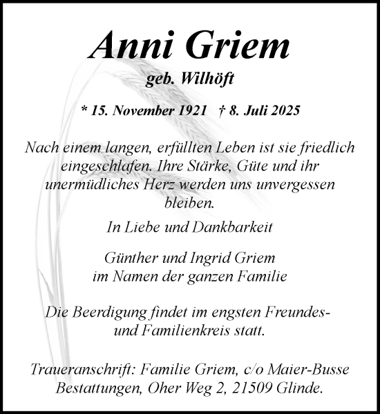 Traueranzeige von Anni Griem von MARKT Glinde/Reinfeld