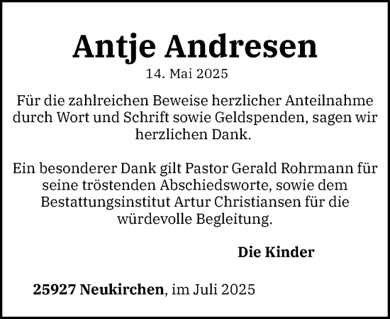 Traueranzeige von Antje Andresen von Husumer Nachrichten, Nordfriesland Tageblatt