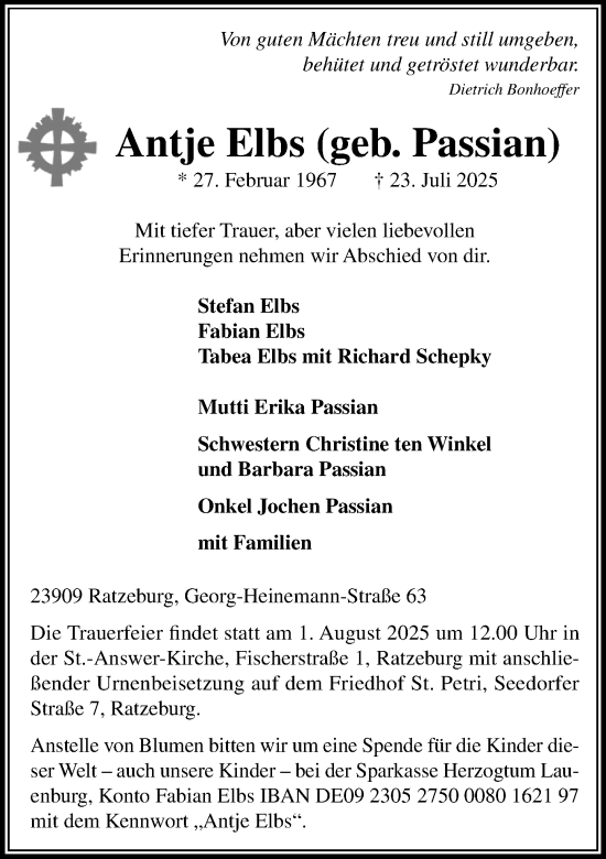 Traueranzeige von Antje Elbs von MARKT Ratzeburg/Mölln