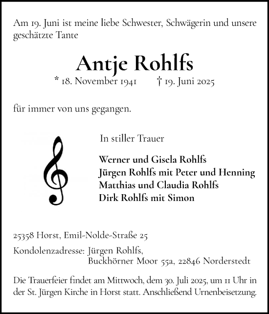 Traueranzeige von Antje Rohlfs von Elmshorner Nachrichten, Barmstedter Zeitung