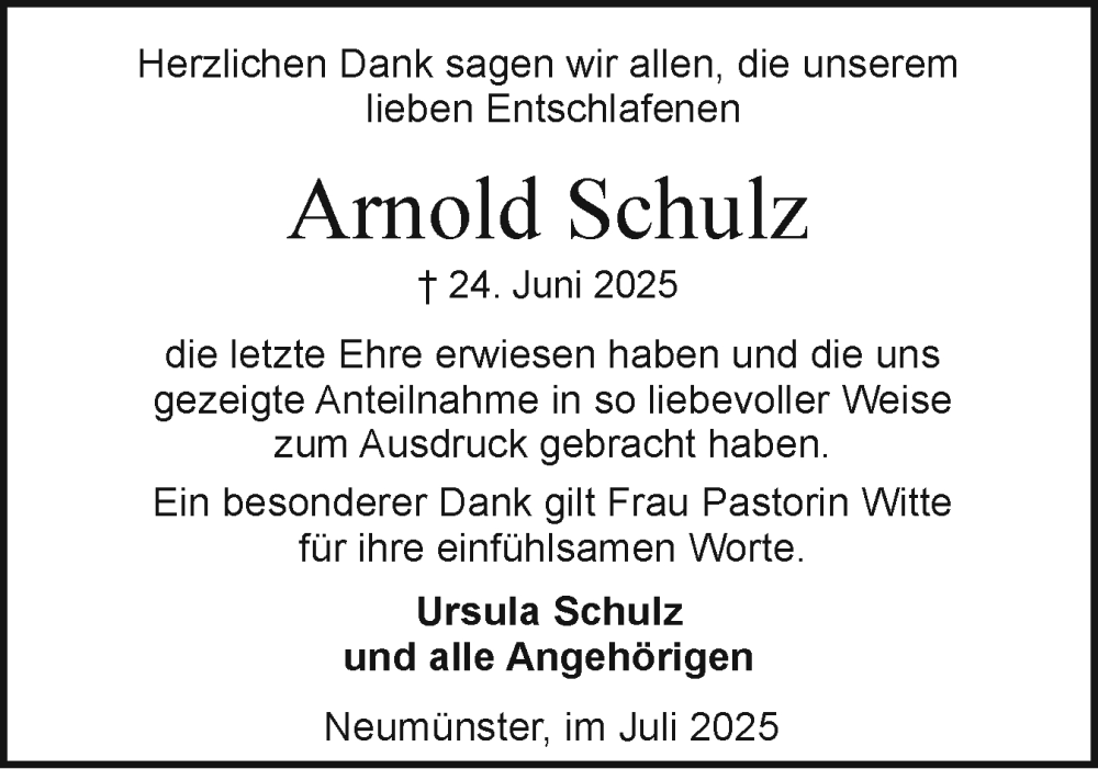  Traueranzeige für Arnold Schulz vom 26.07.2025 aus Holsteinischer Courier
