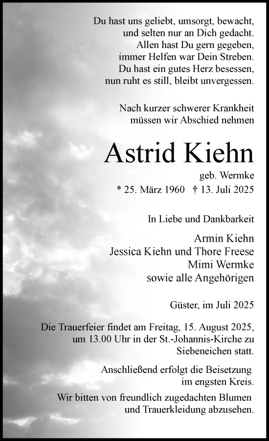 Traueranzeige von Astrid Kiehn von MARKT Ratzeburg/Mölln