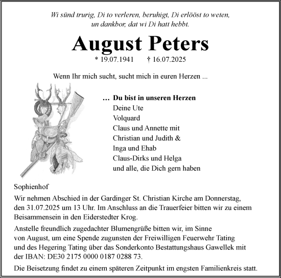 Traueranzeige von August Peters von Husumer Nachrichten, Nordfriesland Tageblatt