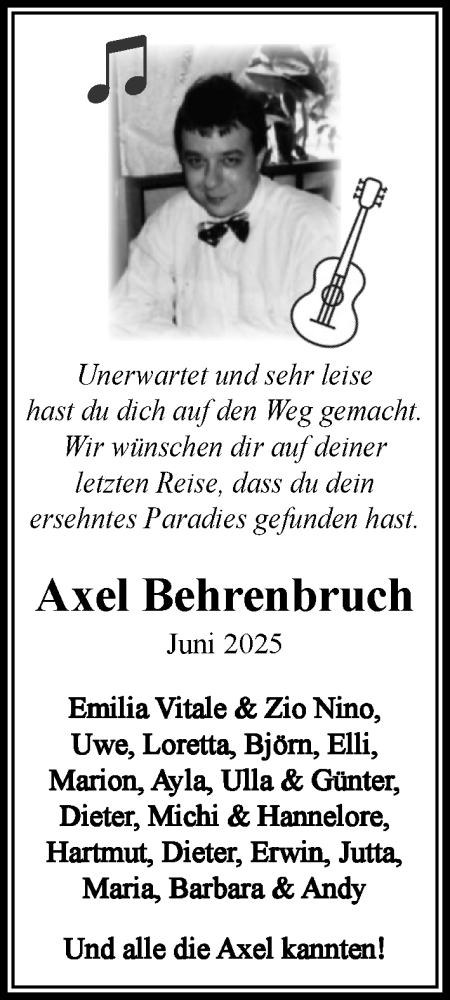 Traueranzeige von Axel Behrenbruch von Wochenend Anzeiger