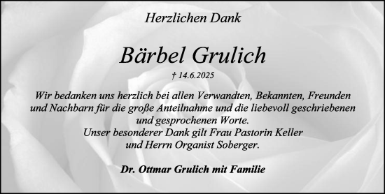 Traueranzeige von Bärbel Grulich von MARKT Ratzeburg/Mölln