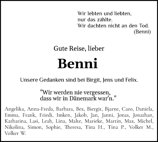 Traueranzeige von Benni  von Schleswig-Holsteinische Landeszeitung