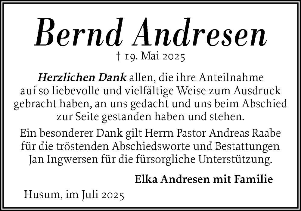  Traueranzeige für Bernd Andresen vom 23.07.2025 aus Husumer Nachrichten, Nordfriesland Tageblatt
