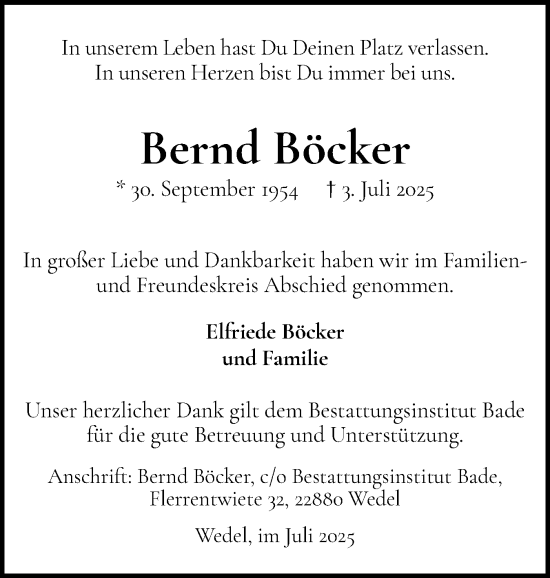 Traueranzeige von Bernd Böcker von Wedel-Schulauer Tageblatt, tip Wedel-Schulauer Tageblatt, tip Rissener Rundschau