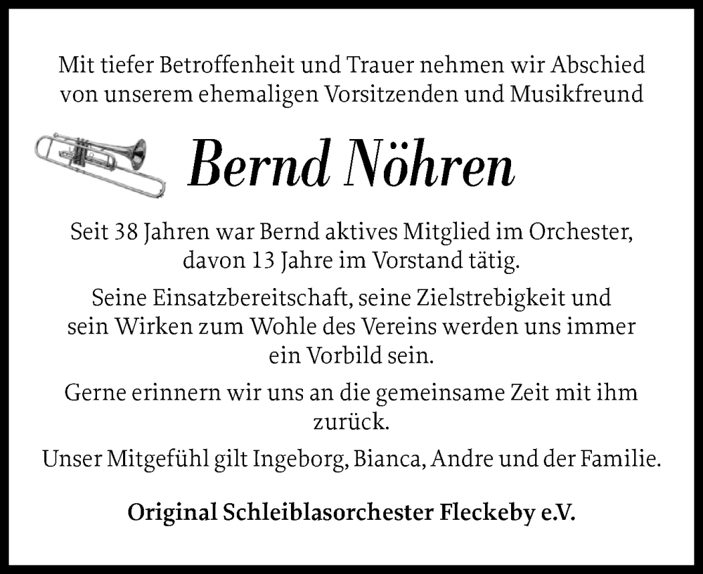  Traueranzeige für Bernd Nöhren vom 05.07.2025 aus Eckernförder Zeitung, Hallo Eckernförde