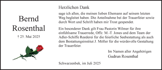 Traueranzeige von Bernd Rosenthal von Wochenend Anzeiger