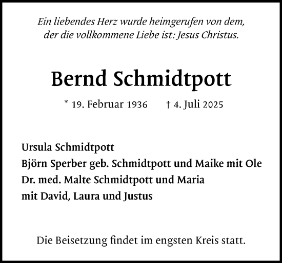 Traueranzeige von Bernd Schmidtpott von Region Pinneberg und tip Pinneberg