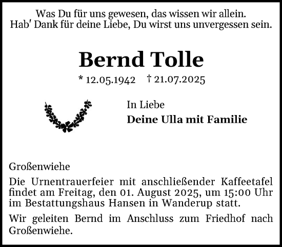Traueranzeige von Bernd Tolle von Flensburger Tageblatt