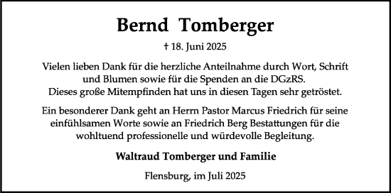 Traueranzeige von Bernd Tomberger von Flensburger Tageblatt