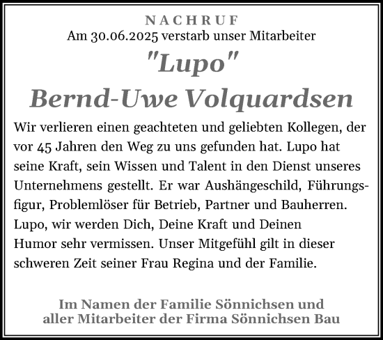 Traueranzeige von Bernd-Uwe Volquardsen von Husumer Nachrichten, Nordfriesland Tageblatt