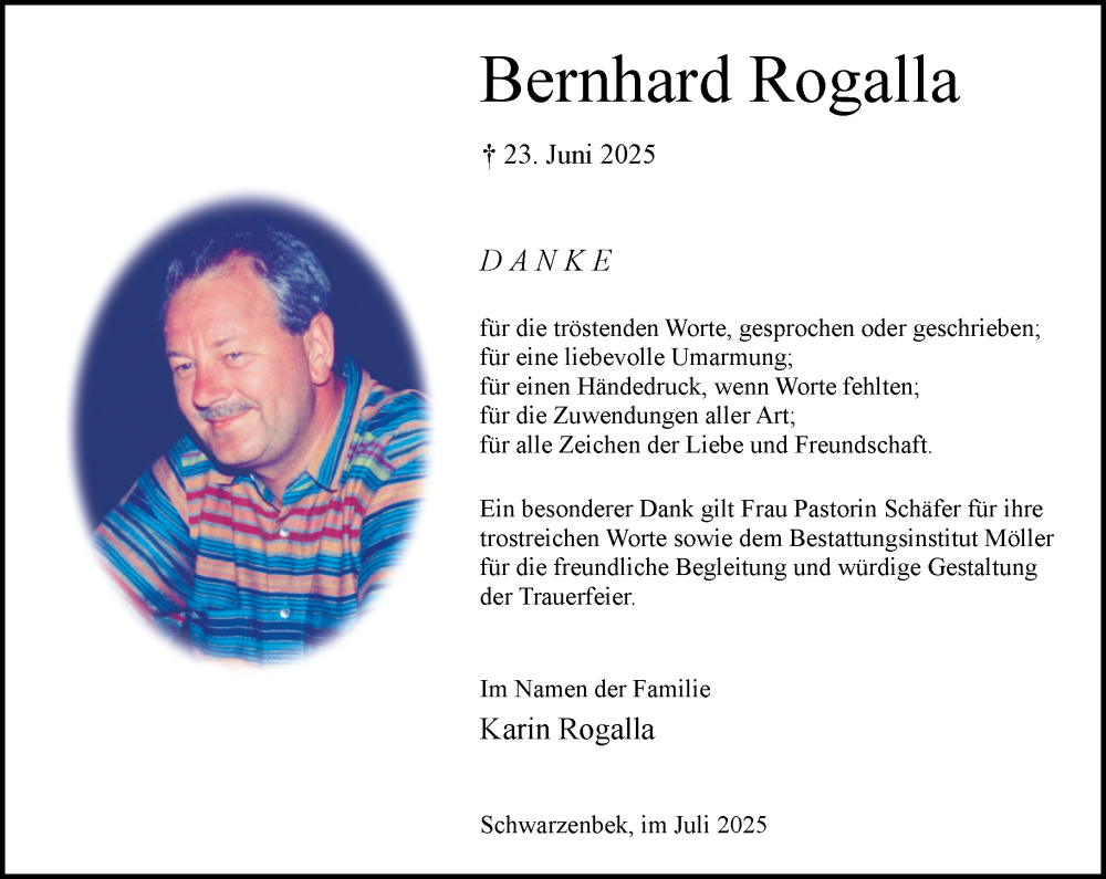  Traueranzeige für Bernhard Rogalla vom 26.07.2025 aus Wochenend Anzeiger