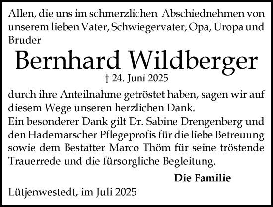 Traueranzeige von Bernhard Wildberger von Schleswig-Holsteinische Landeszeitung