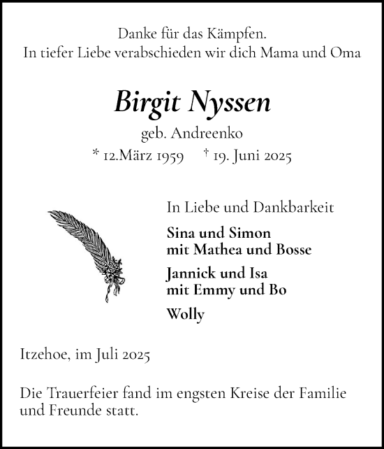 Traueranzeige von Birgit Nyssen von Norddeutsche Rundschau, Wilstersche Zeitung, Glückstädter Fortuna