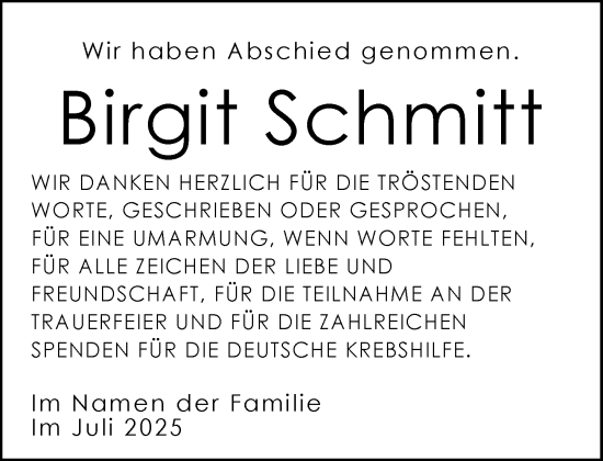 Traueranzeige von Birgit Schmitt von MARKT Glinde/Reinfeld
