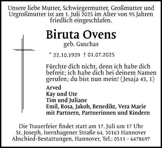 Traueranzeige von Biruta Ovens von Region Flensburg