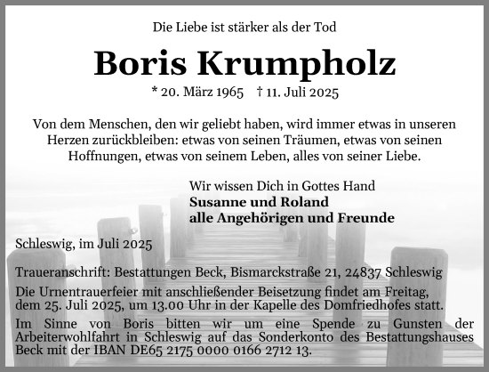 Traueranzeige von Boris Krumpholz von Schleswiger Nachrichten, Schlei-Bote