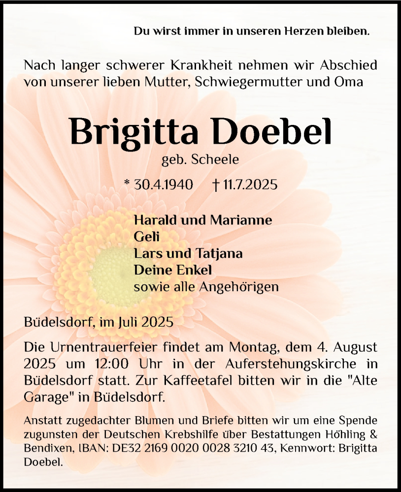  Traueranzeige für Brigitta Doebel vom 19.07.2025 aus Schleswig-Holsteinische Landeszeitung