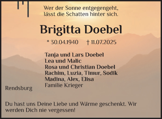 Traueranzeige von Brigitta Doebel von Schleswig-Holsteinische Landeszeitung