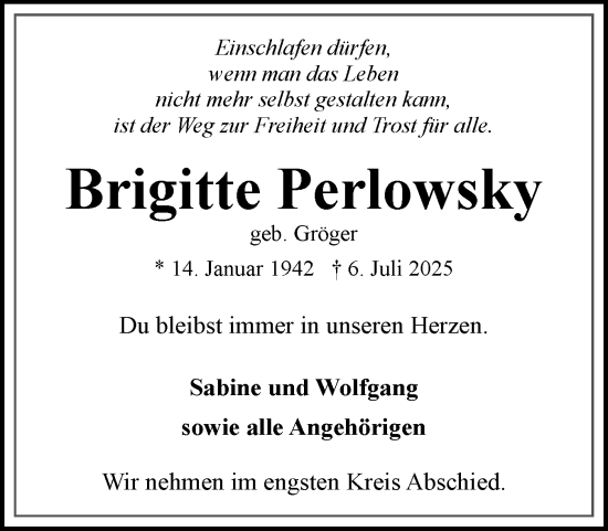 Traueranzeige von Brigitte Perlowsky von Eckernförder Zeitung, Hallo Eckernförde
