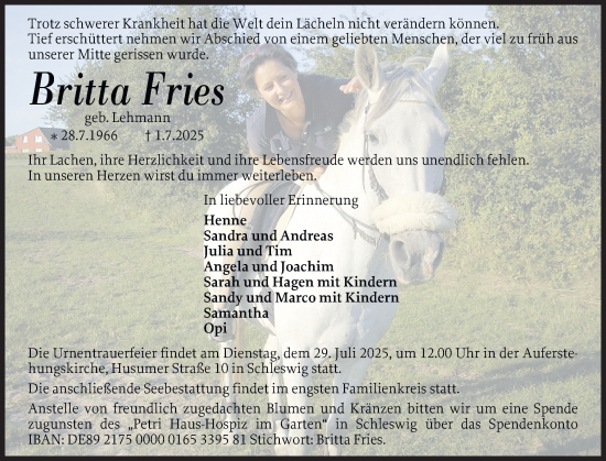 Traueranzeige von Britta Fries von Eckernförder Zeitung, Hallo Eckernförde
