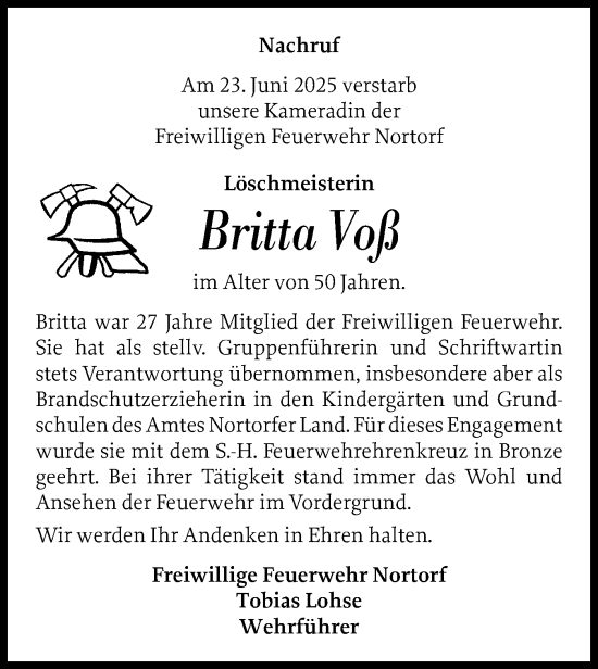 Traueranzeige von Britta Voß von Schleswig-Holsteinische Landeszeitung