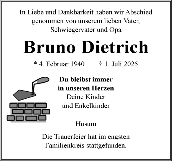 Traueranzeige von Bruno Dietrich von Husumer Nachrichten, Nordfriesland Tageblatt