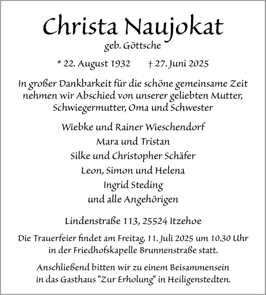 Traueranzeige für Christa Naujokat vom 05.07.2025 aus Norddeutsche Rundschau, Wilstersche Zeitung, Glückstädter Fortuna