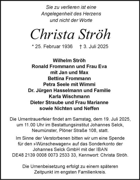 Traueranzeige von Christa Ströh von Holsteinischer Courier