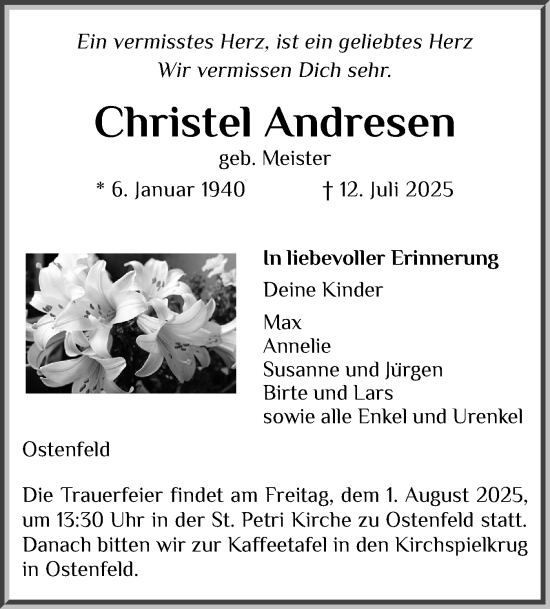 Traueranzeige von Christel Andresen von Husumer Nachrichten, Nordfriesland Tageblatt