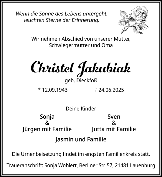 Traueranzeige von Christel Jakubiak von Wochenend Anzeiger