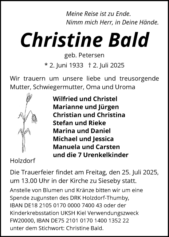 Traueranzeige von Christine Bald von Eckernförder Zeitung, Hallo Eckernförde