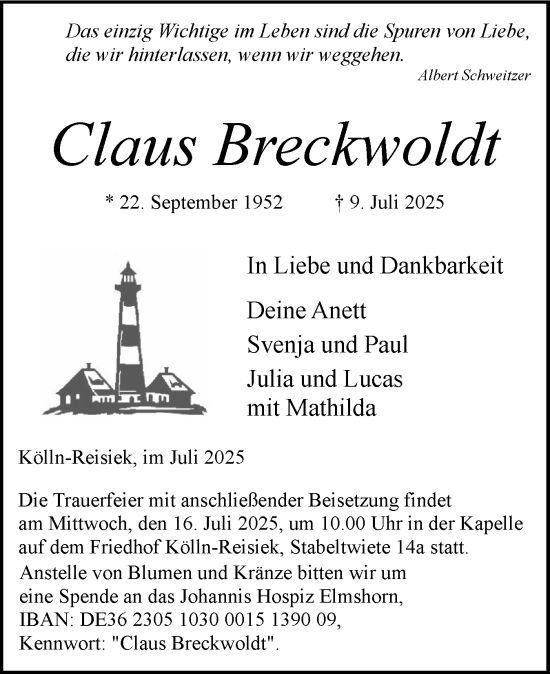 Traueranzeige von Claus Breckwoldt von Elmshorner Nachrichten, Barmstedter Zeitung