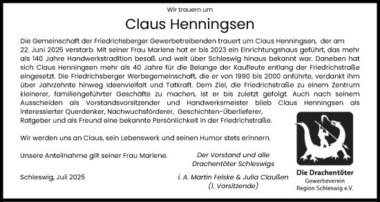 Traueranzeige von Claus Henningsen von Schleswiger Nachrichten, Schlei-Bote