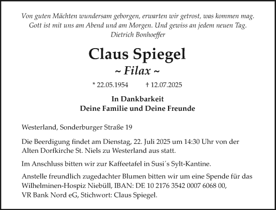 Traueranzeige von Claus Spiegel von Sylter Rundschau