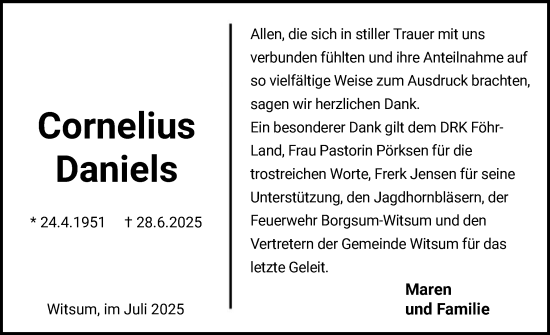 Traueranzeige von Cornelius Daniels von Der Insel-Bote