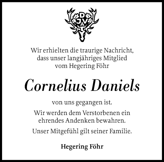 Traueranzeige von Cornelius Daniels von Der Insel-Bote