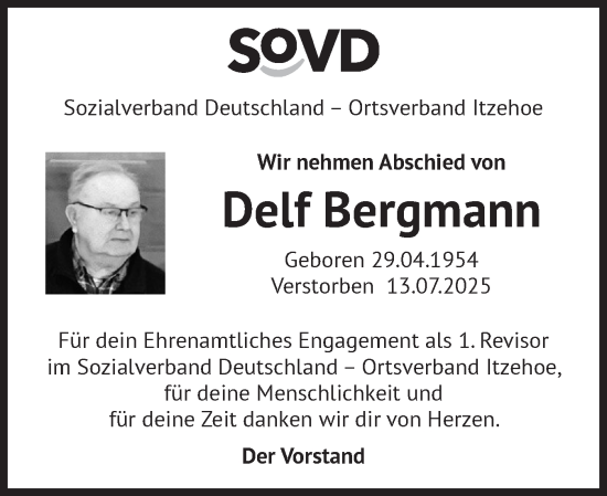 Traueranzeige von Delf Bergmann von Norddeutsche Rundschau, Wilstersche Zeitung, Glückstädter Fortuna