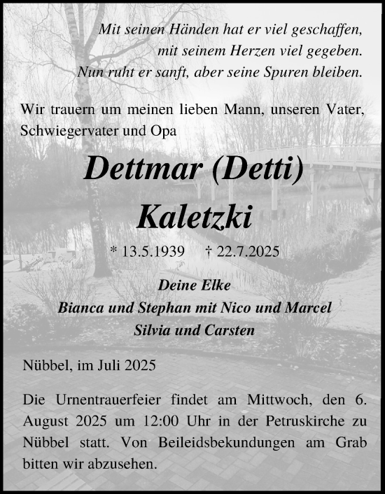 Traueranzeige von Dettmar Kaletzki von Schleswig-Holsteinische Landeszeitung