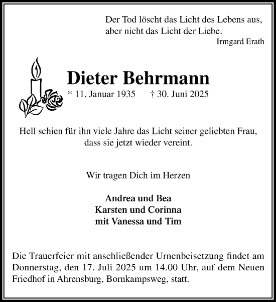 Traueranzeige von Dieter Behrmann von MARKT Ahrensburg/Bargteheide/Trittau und Stormarner Tageblatt