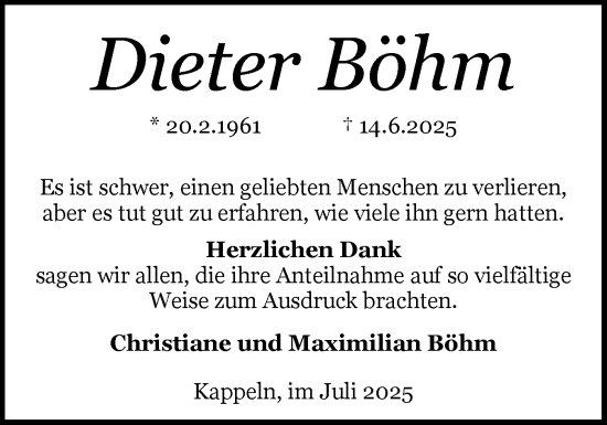 Traueranzeige von Dieter Böhm von Schleswiger Nachrichten, Schlei-Bote